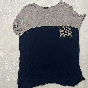 Pink Clover Gray and Navy Top with Leopard Pocket
